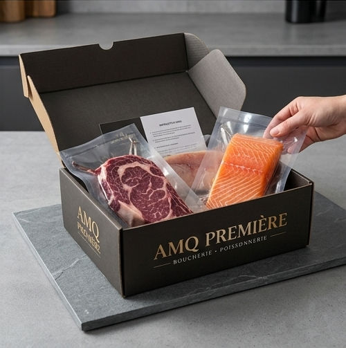 Coffret AMQ Première contenant viande et saumon emballés