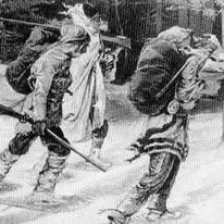 Illustration ancienne de personnages marchant avec leur équipement