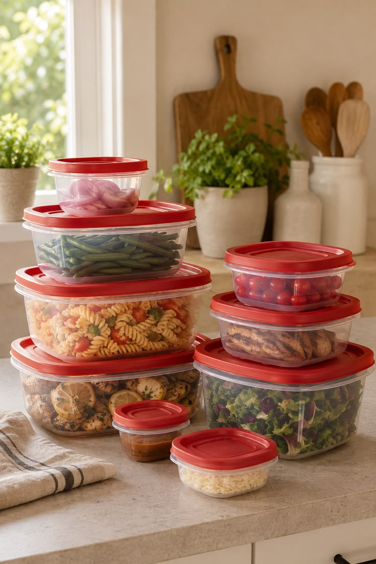 Contenants Tupperware à couvercles rouges dans une cuisine