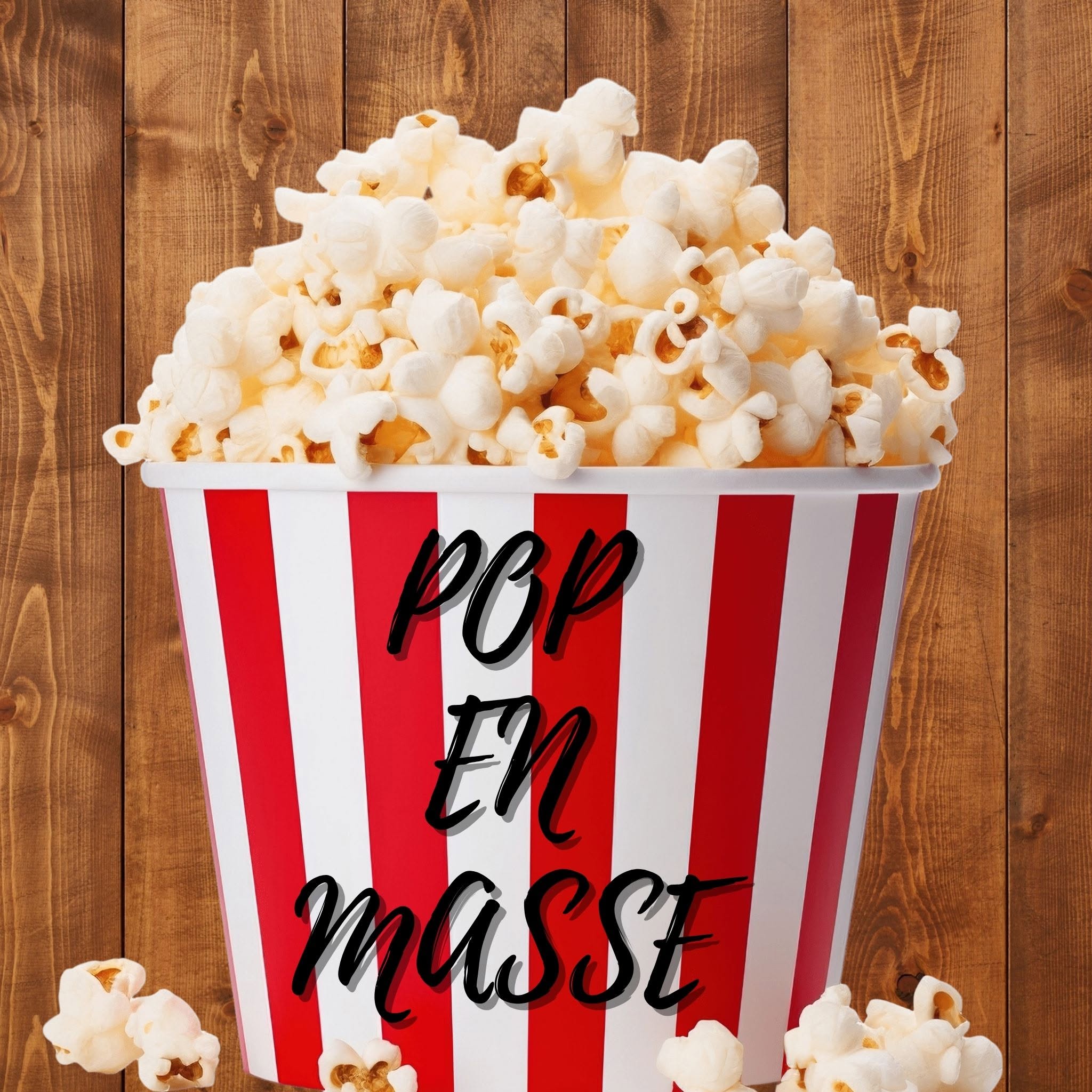 Visuel Pop en Masse avec un contenant rayé rouge et blanc rempli de popcorn