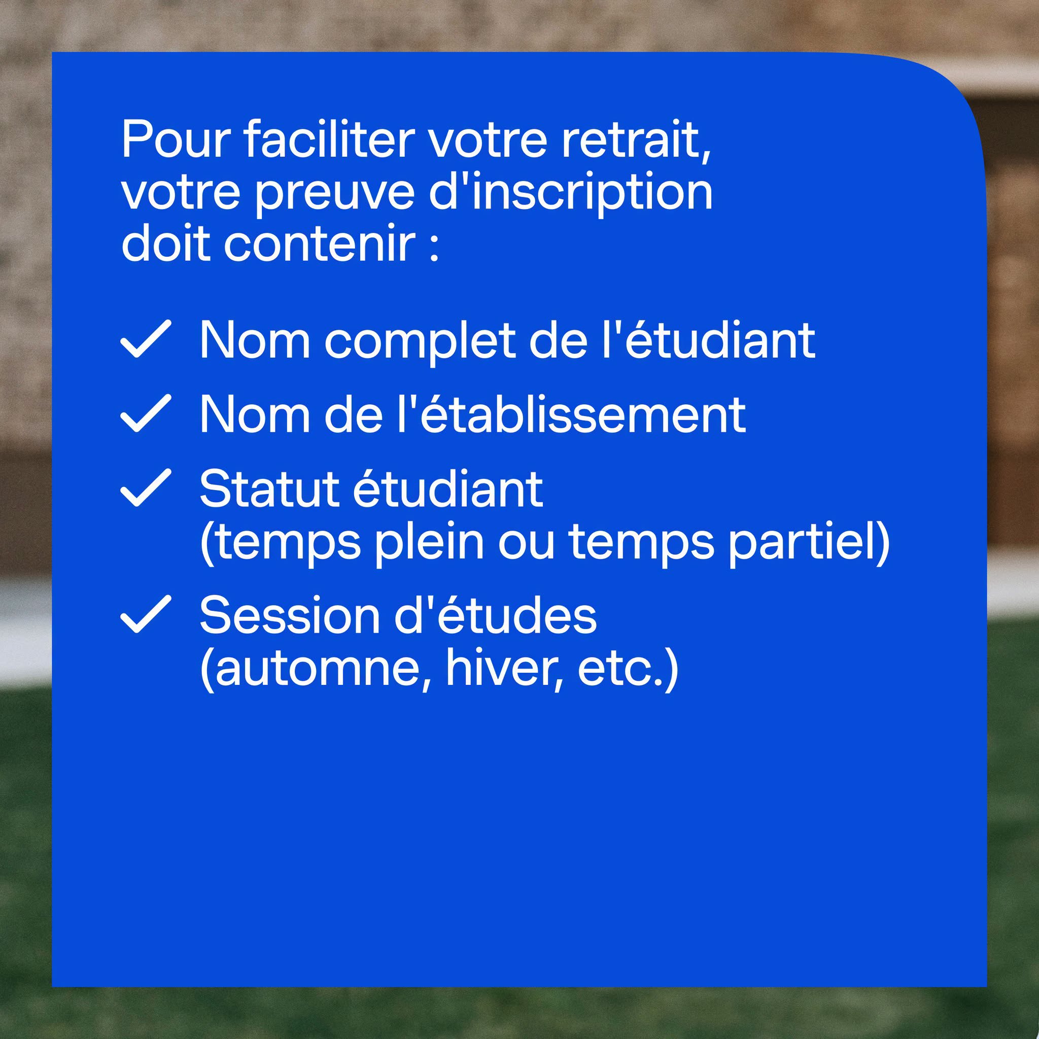 Infographie générale iA : liste des renseignements à inclure sur une preuve d’inscription, sans données personnelles