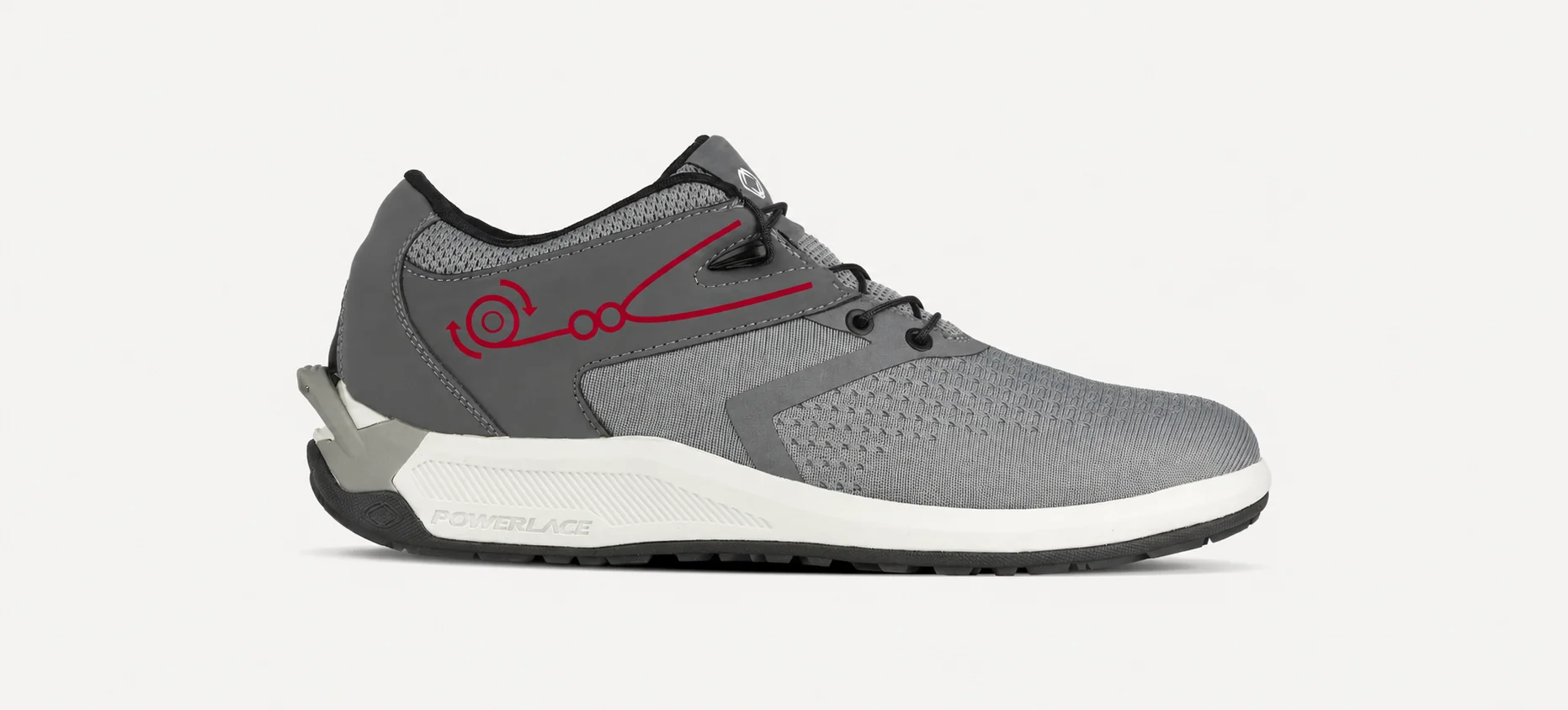 Chaussure grise Powerlace avec illustration du laçage automatique